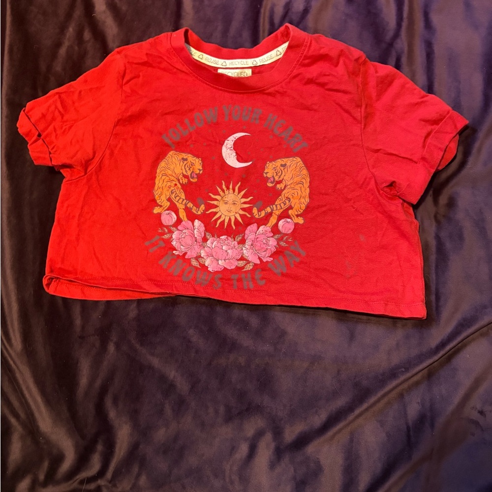 Red Graphic Crop Top with Tigers